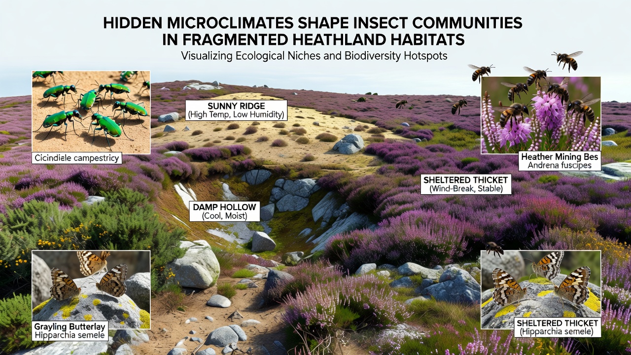 Close-up of heathland vegetation and insect sampling equipment illustrating microclimate monitoring