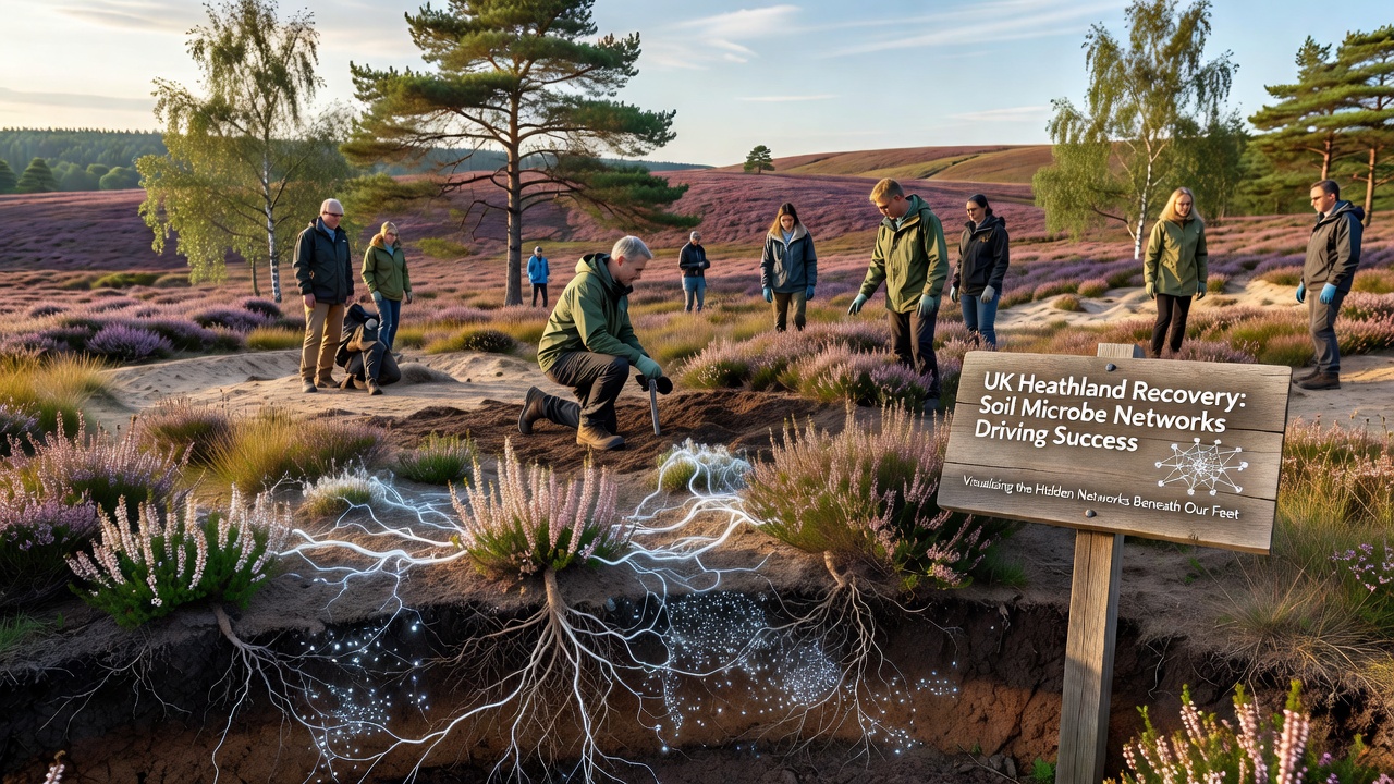 Field researchers collecting soil samples from a restored UK heathland plot, with visible root systems and measuring equipment in late summer conditions