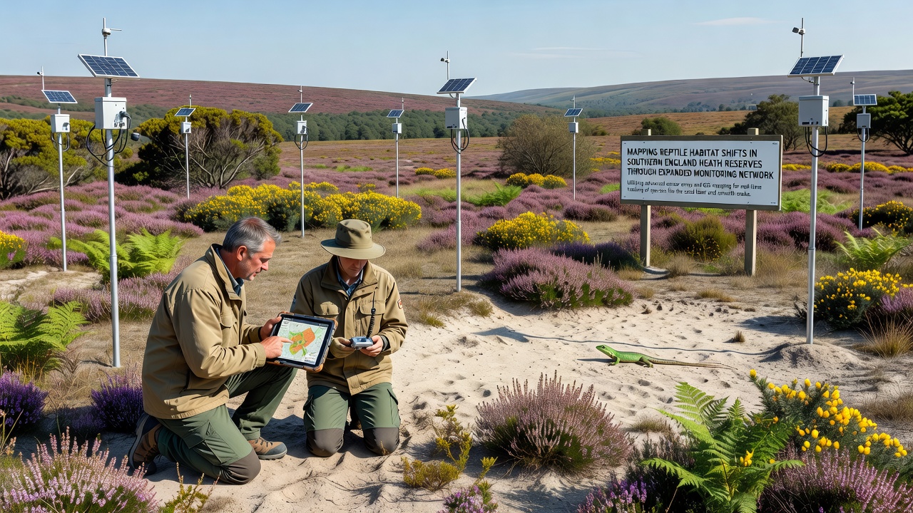 Detailed view of reptile tracking devices and data collection points within heathland terrain